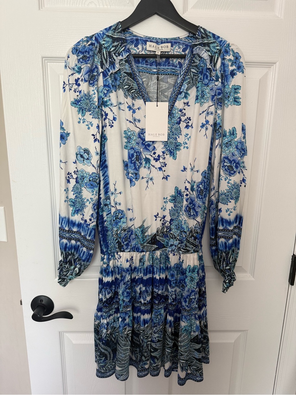 Blue Floral Long-Sleeve Tiered Dress